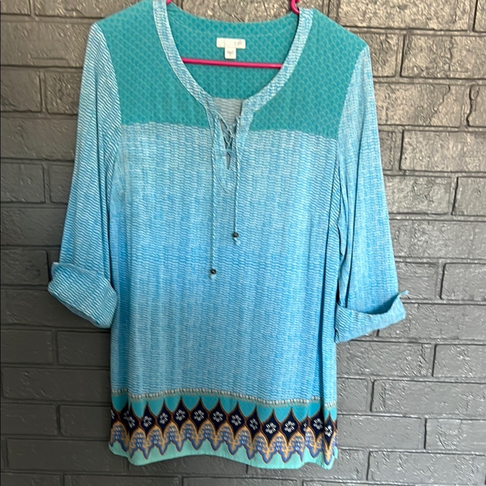 J. Jill Green and Blue Cuffed Sleeve Tunic with Relaxed Style